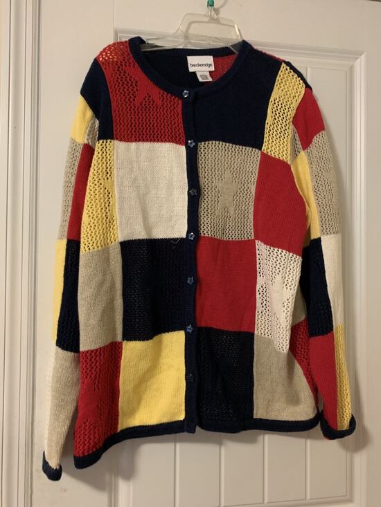breckenridge Sweaters - Breckenridge red blue yellow star themed knit button down sweater ramie blend L